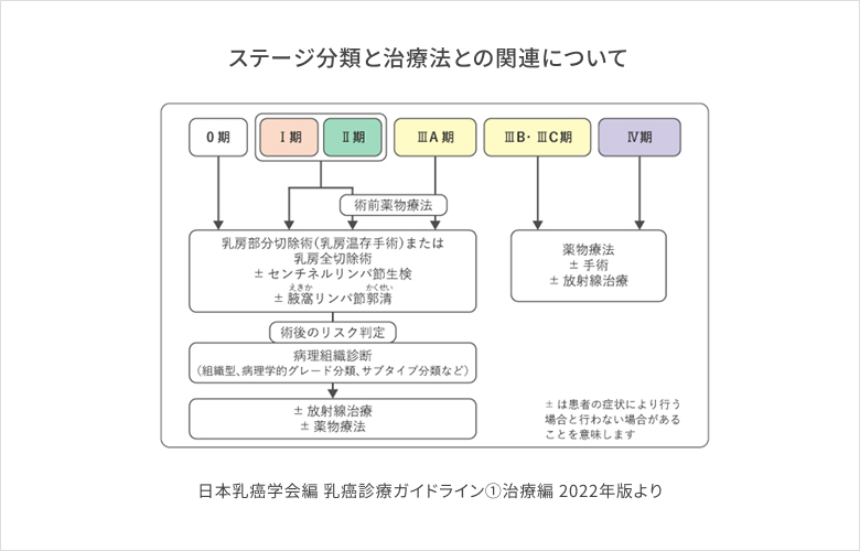 日本乳癌学会編 乳癌診療ガイドライン①治療編 2022年版より ステージ分類と治療法との関連についてのイメージ図